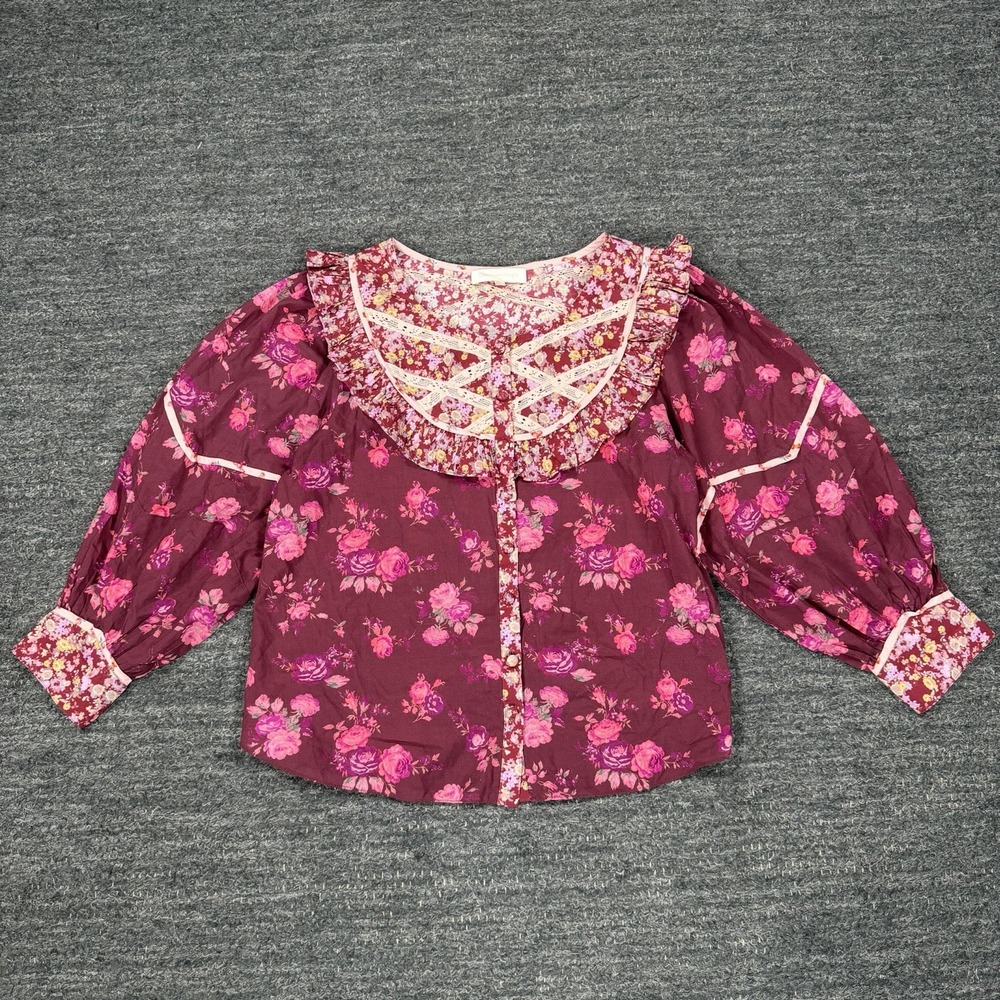 LoveShackFancy Top Women Medium Morrison Blouse Pink Floral Puff Sleeve Cottage